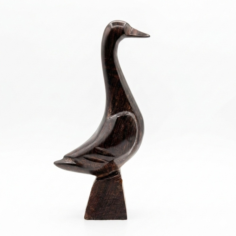 MCM Hand Carved Ironwood Goose Sculpture Mid Century Modern Stylized Wood Bird